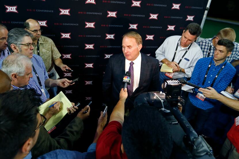 TCU head football coach Gary Patterson speaks with then media during Big 12 Media Day at...