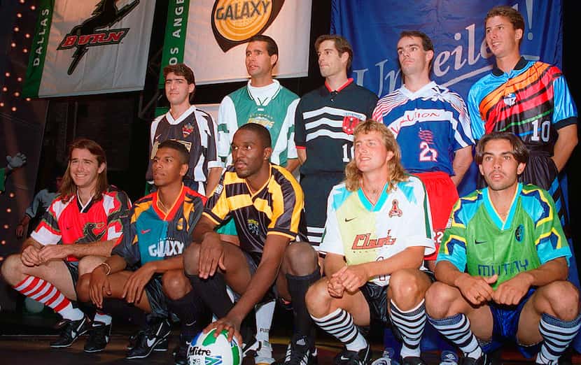 The original 1996 MLS jersey debut.  Back row, left to right: Tab Ramos (NY/NJ MetroStars),...