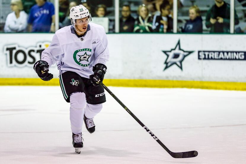 Riley Damiani (53) goes through hockey drills during the Dallas Stars Development Camp on...