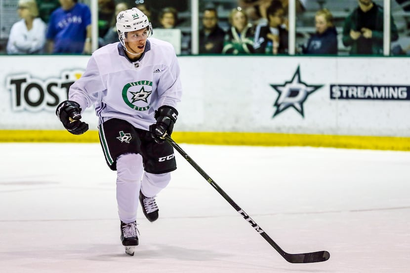 Riley Damiani (53) goes through hockey drills during the Dallas Stars Development Camp on...
