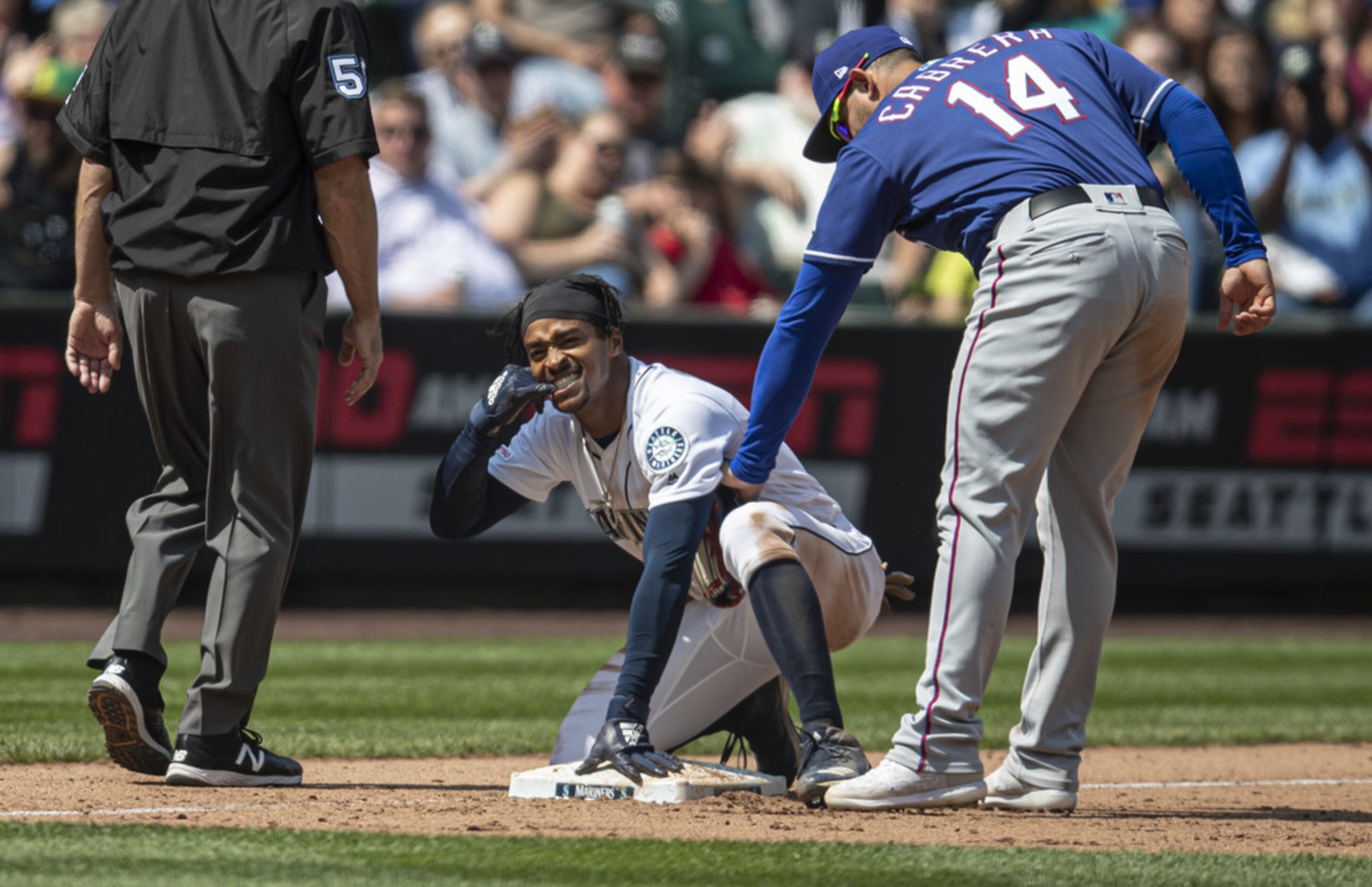 SEATTLE, WA - MAY 29: Mallex Smith #0 of the Seattle Mariners reacts while third baseman...