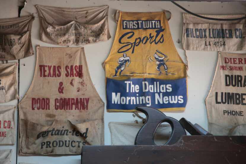 Some of Lynn Dowd collection of aprons at Dowd's Vintage and Antique Tools in Garland...