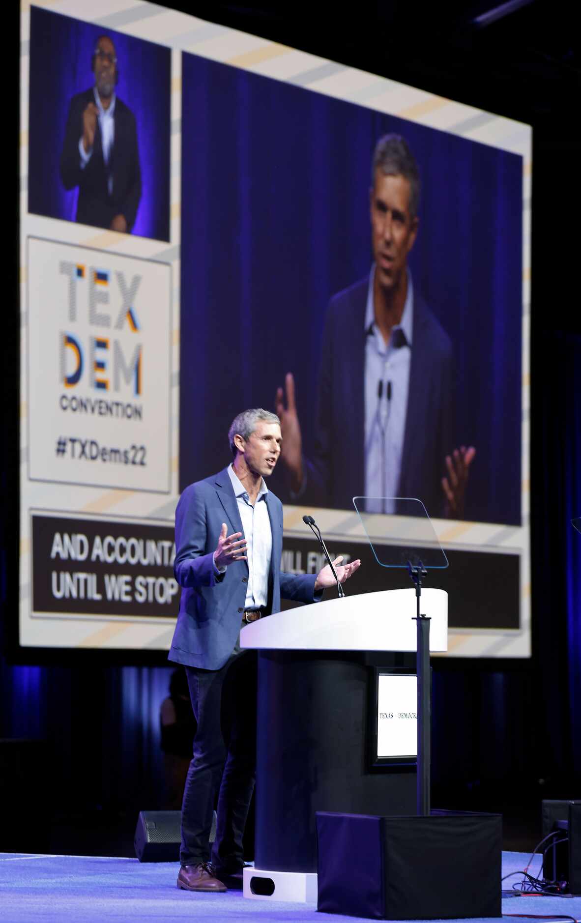 Democratic gubernatorial challenger Beto O'Rourke delivers his speech to delegates and...