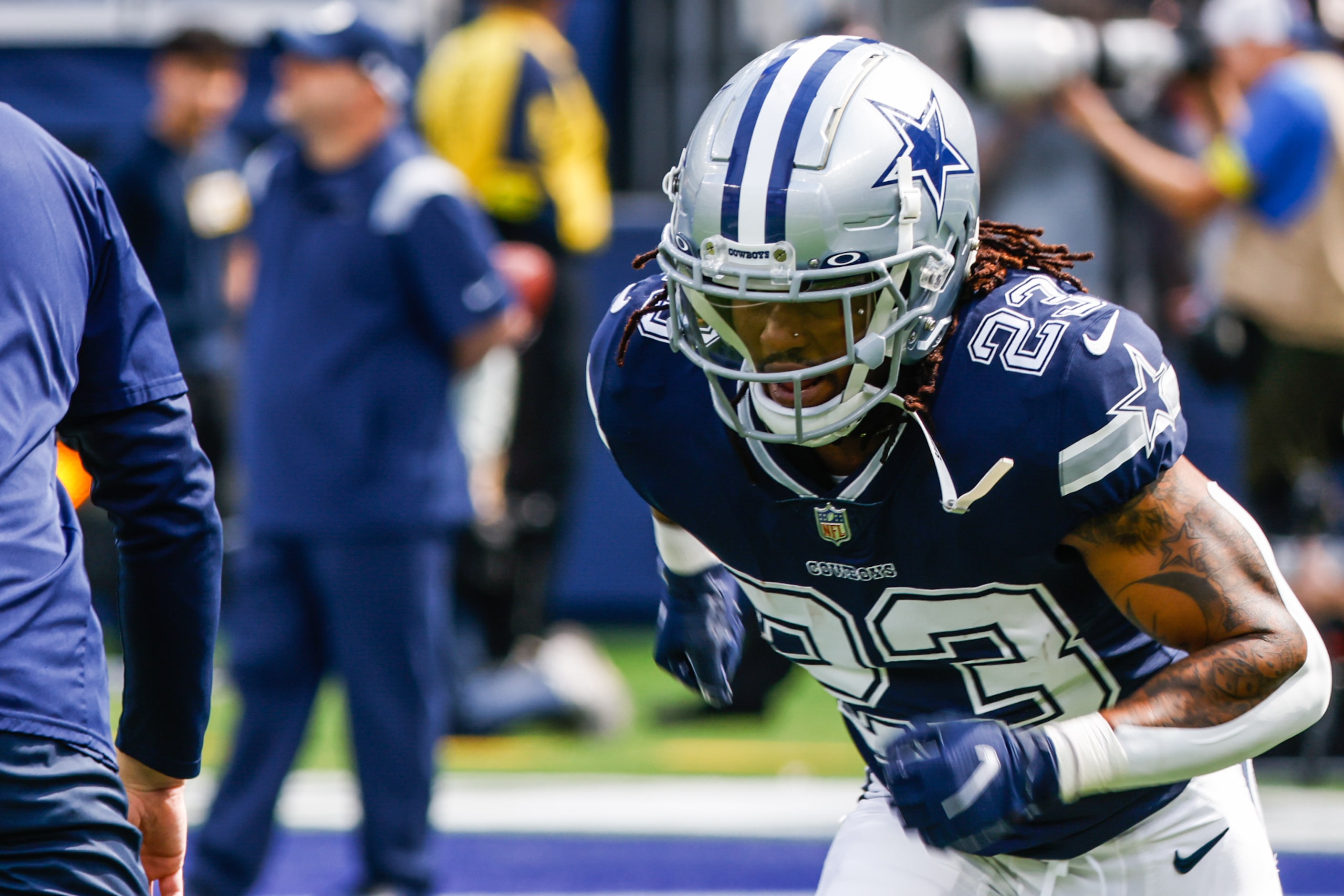 Dallas Cowboys running back Rico Dowdle (23) during warmup at the SoFi Stadium in Los...