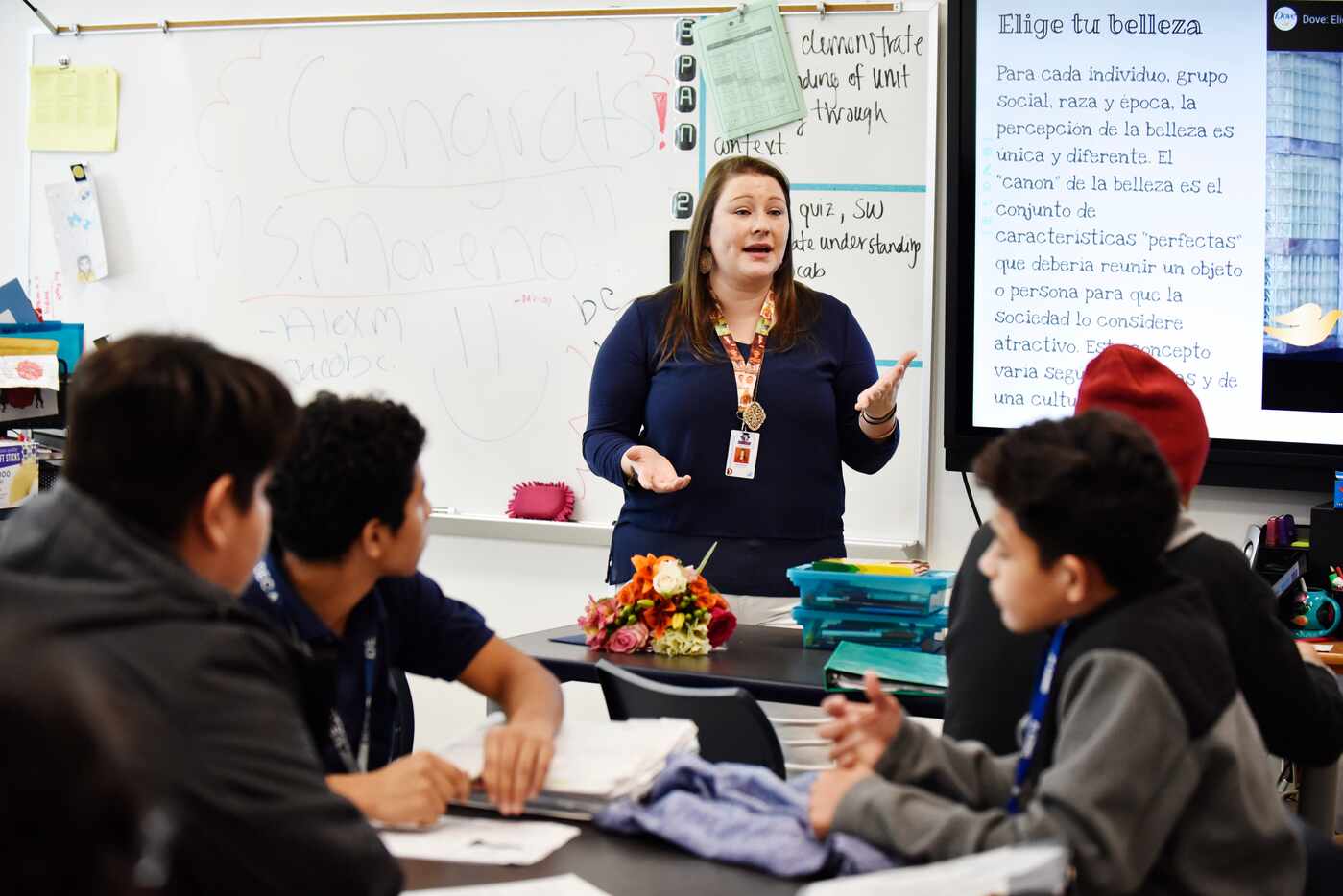 Susan Moreno, a J.L. Long Middle School Spanish teacher, conducts her class after being...