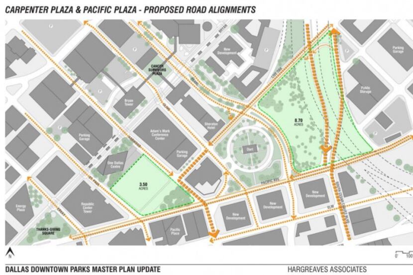  A rendering shows Pacific Plaza on the left. Live Oak Street divides the area now.  
