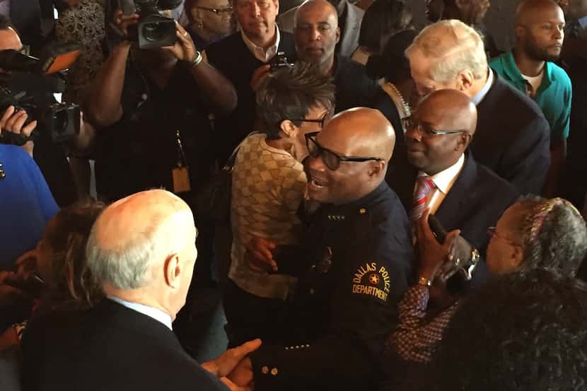  Dallas police Chief David Brown talks to supporters at an event to honor him helf Oct. 9,...