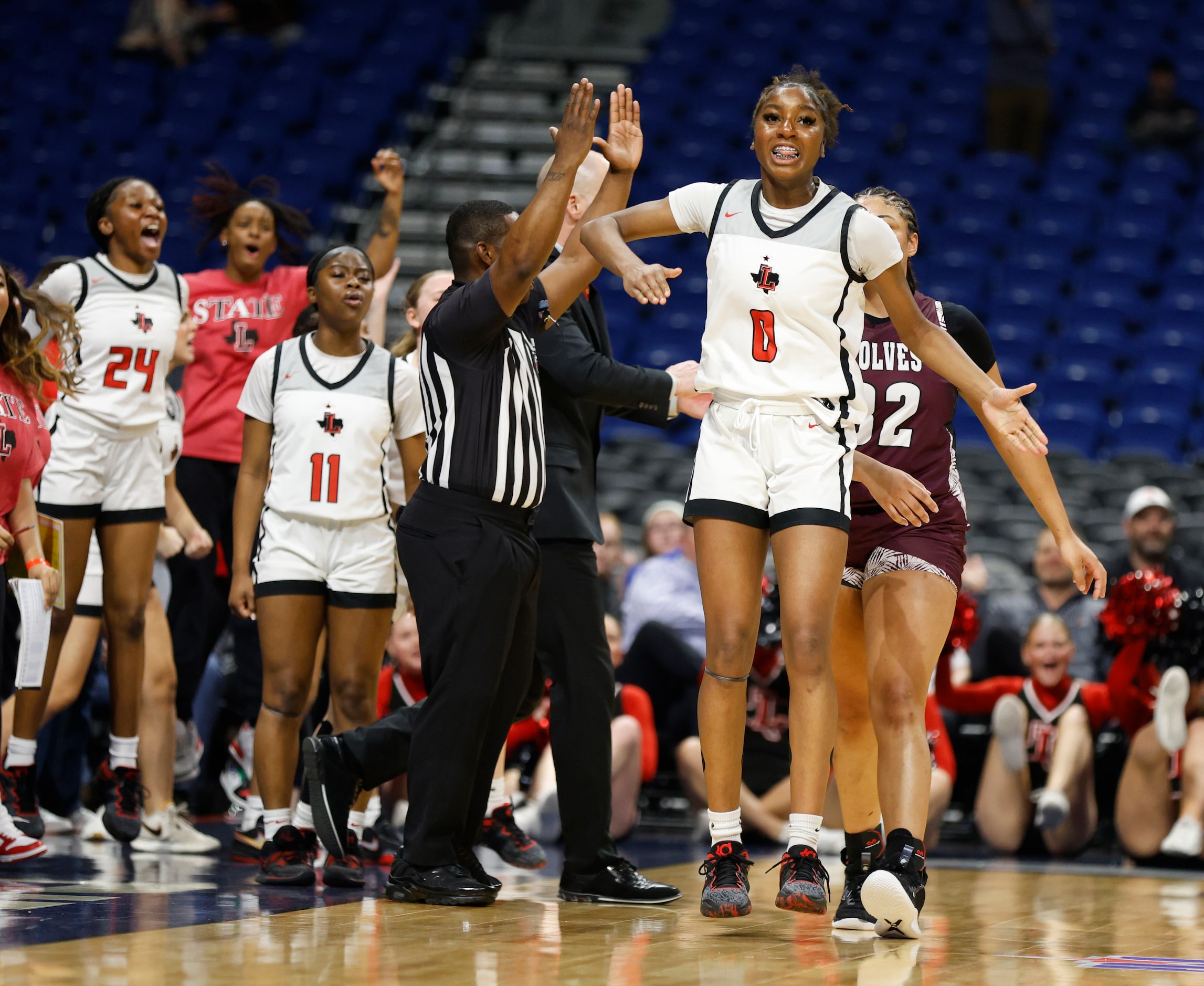 Frisco Liberty celebrates after defeating Mansfield Timberview for the Class 5A state...