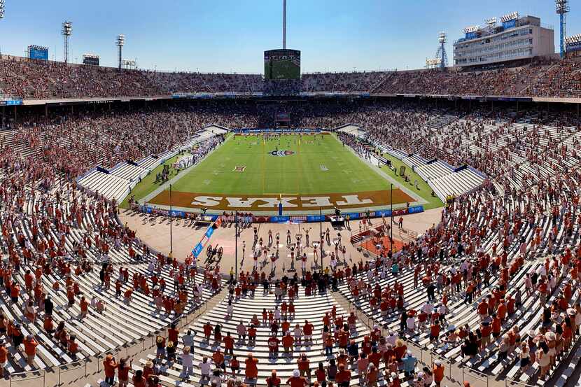 A panoramic view of the Red River Showdown football game between the Texas Longhorns and...