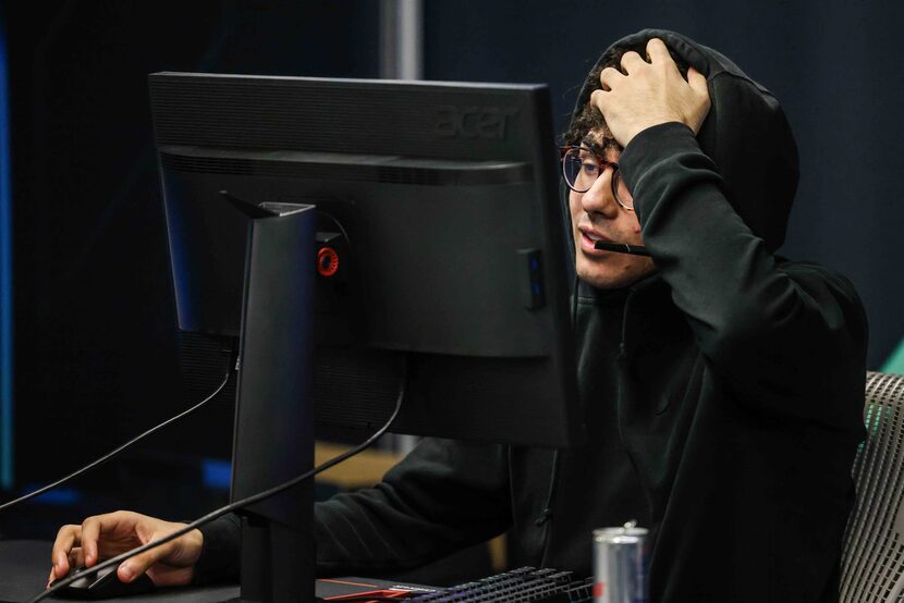 Zaid Hilweh from The University of Texas at Dallas' Valorant esports team, reacts during a...