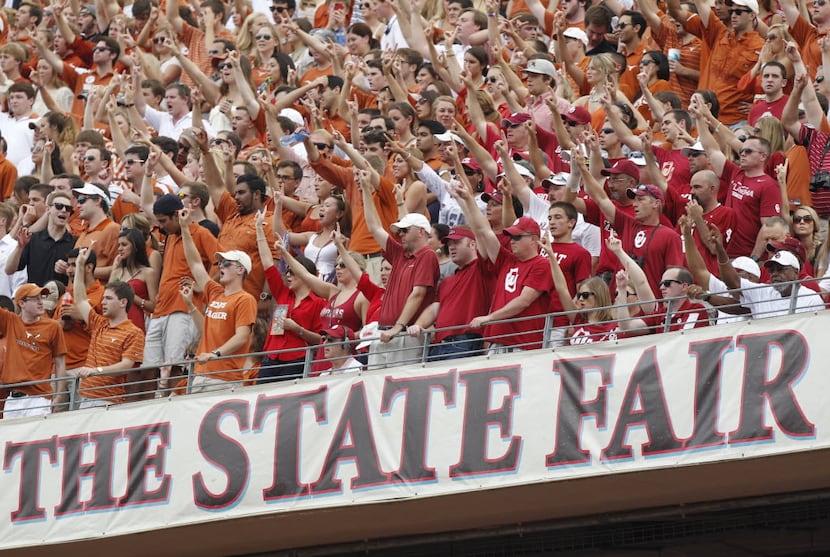 Texas Longhorns  and Oklahoma Sooners fans at the Red River Rivalry game between Texas and...