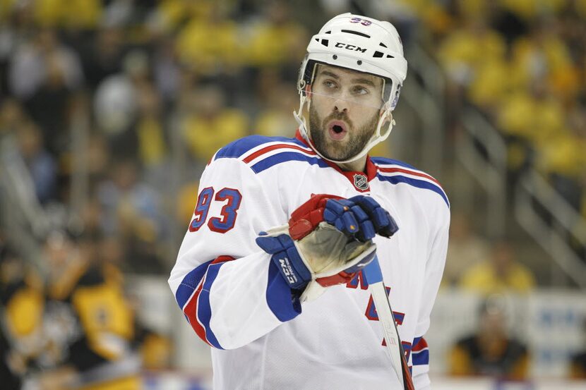 PITTSBURGH, PA - APRIL 13:  Keith Yandle #93 of the New York Rangers looks on in Game One of...