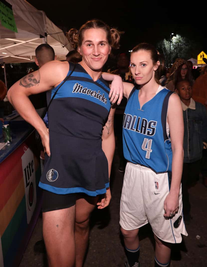Brendon Kahn, left, and Ashley Gambino at the Oak Lawn Halloween Block Party in Dallas