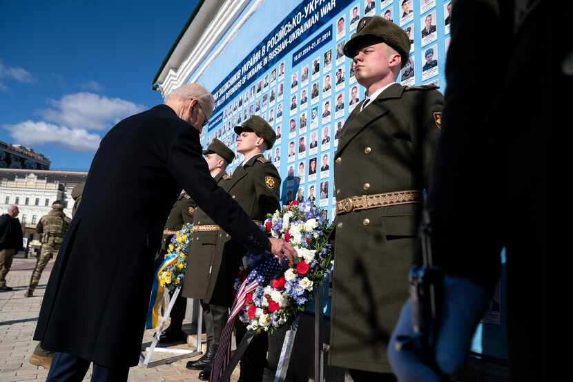 President Joe Biden participated in a wreath laying ceremony at the memorial wall outside of...