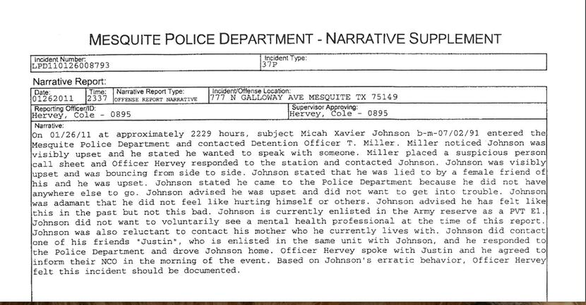 A portion of the police report on Micah Johnson's visit to the Mesquite Police Headquarters...