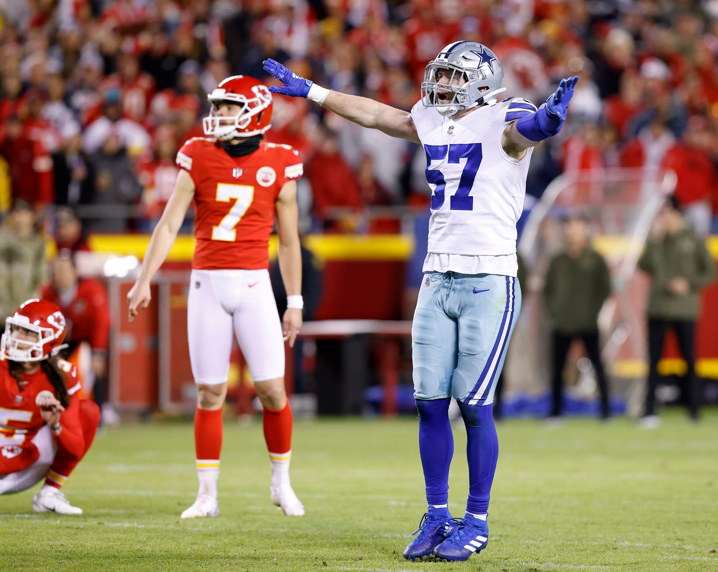 Dallas Cowboys linebacker Luke Gifford (57) reacts after Kansas City Chiefs kicker Harrison...