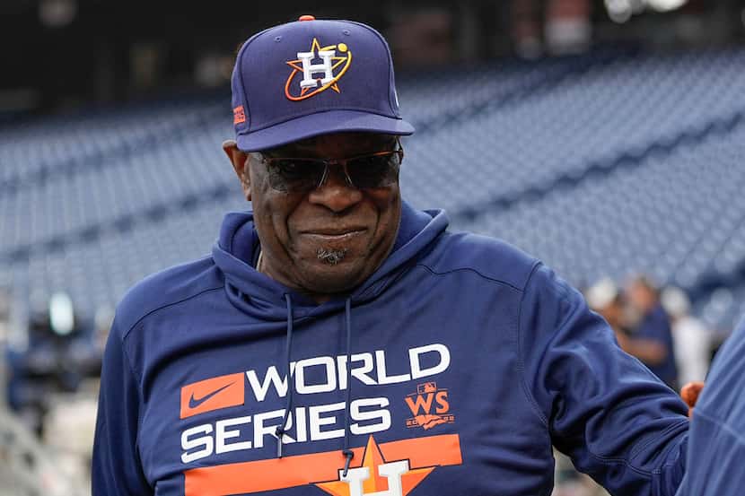 Houston Astros manager Dusty Baker Jr. watches batting practice before Game 3 of baseball's...