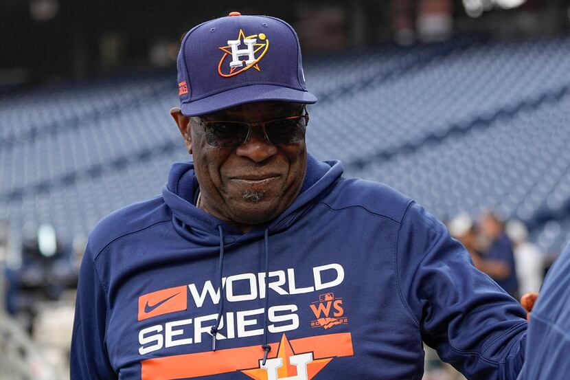 Houston Astros manager Dusty Baker Jr. watches batting practice before Game 3 of baseball's...