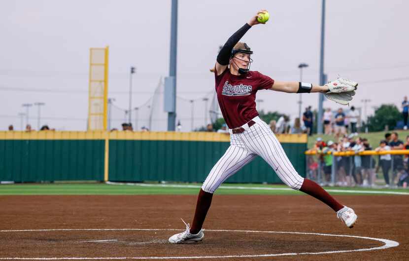 Frisco Heritage senior pitcher Jensin Hall (51) winds up for the first pitch of a final...