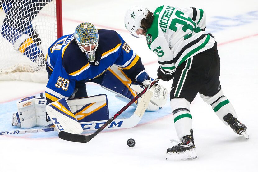 Dallas Stars center Mats Zuccarello (36) attempts a shot on St. Louis Blues goaltender...