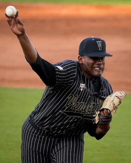 Vanderbilt pitcher Kumar Rocker delivers during an NCAA baseball game against Mississippi at...