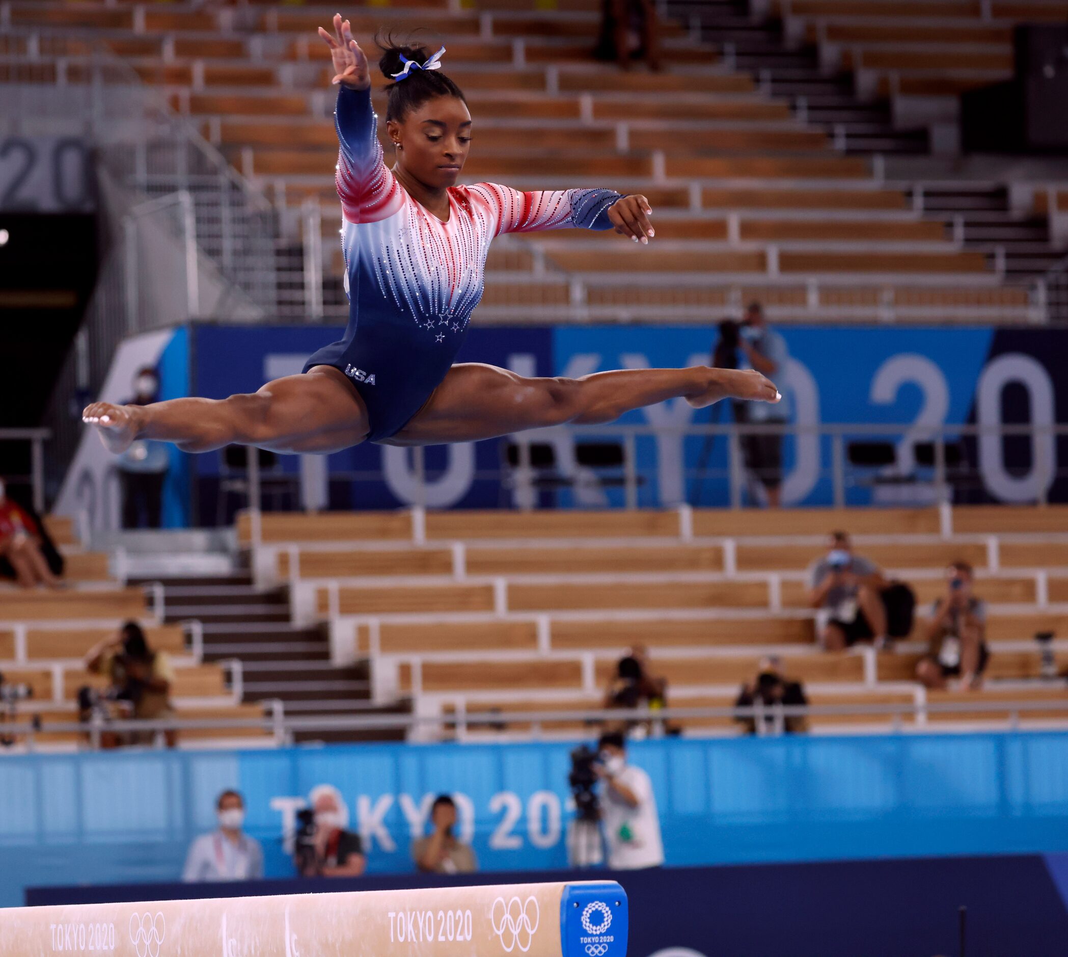 USA’s Simone Biles competes in the women’s balance beam final at the postponed 2020 Tokyo...