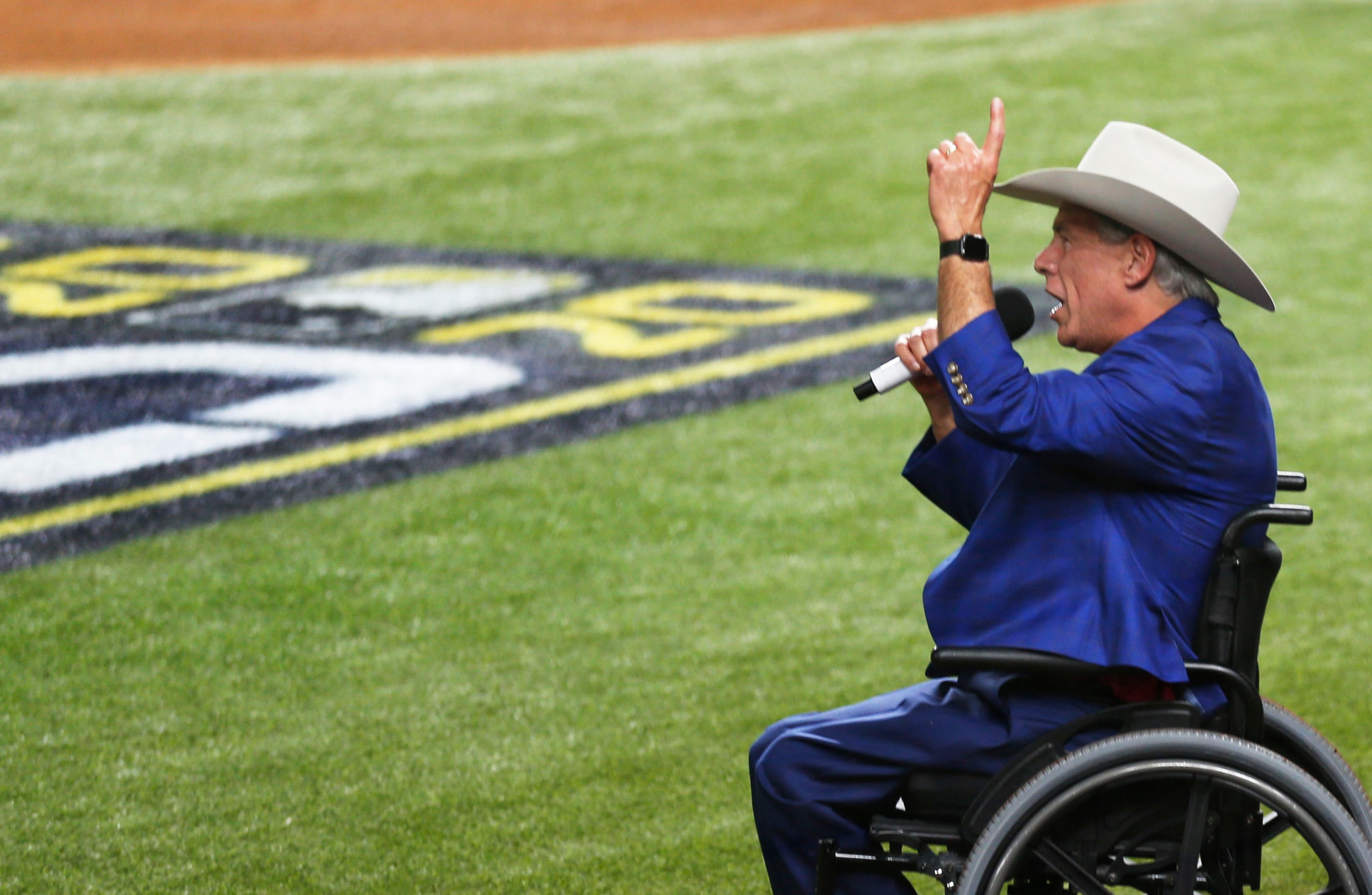 Governor Greg Abbott makes the play ball announcement for game one of the World Series...