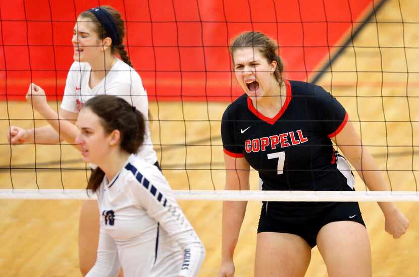 Coppell High's Pierce Woodall (7) reacts to her point made against Flower Mound High during...