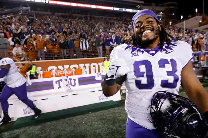 TCU Horned Frogs defensive lineman George Ellis III (93) celebrates their win over the Texas...