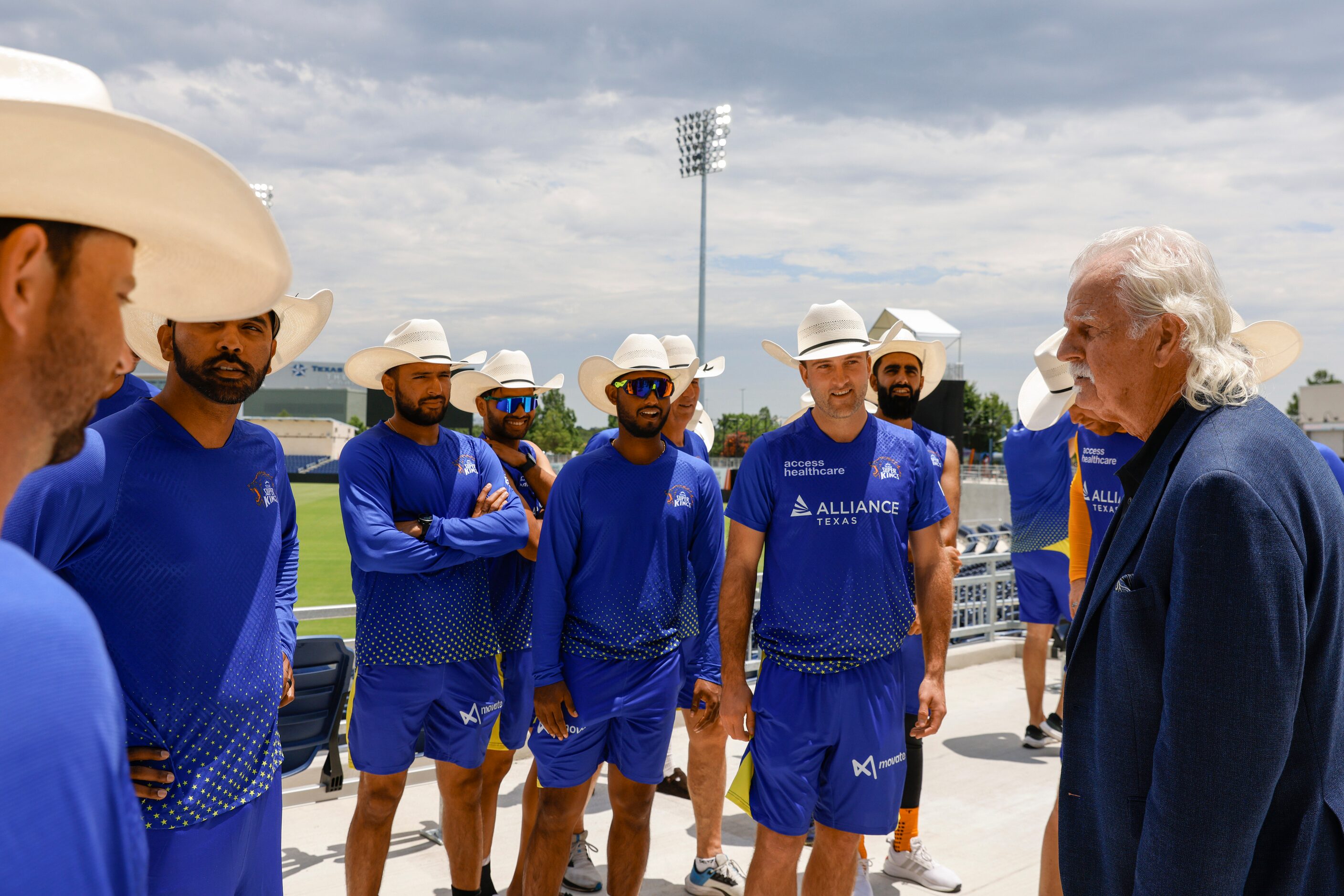 Mayor of Grand Prairie Ron Jensen (right) speaks towards Texas Super Kings players after the...