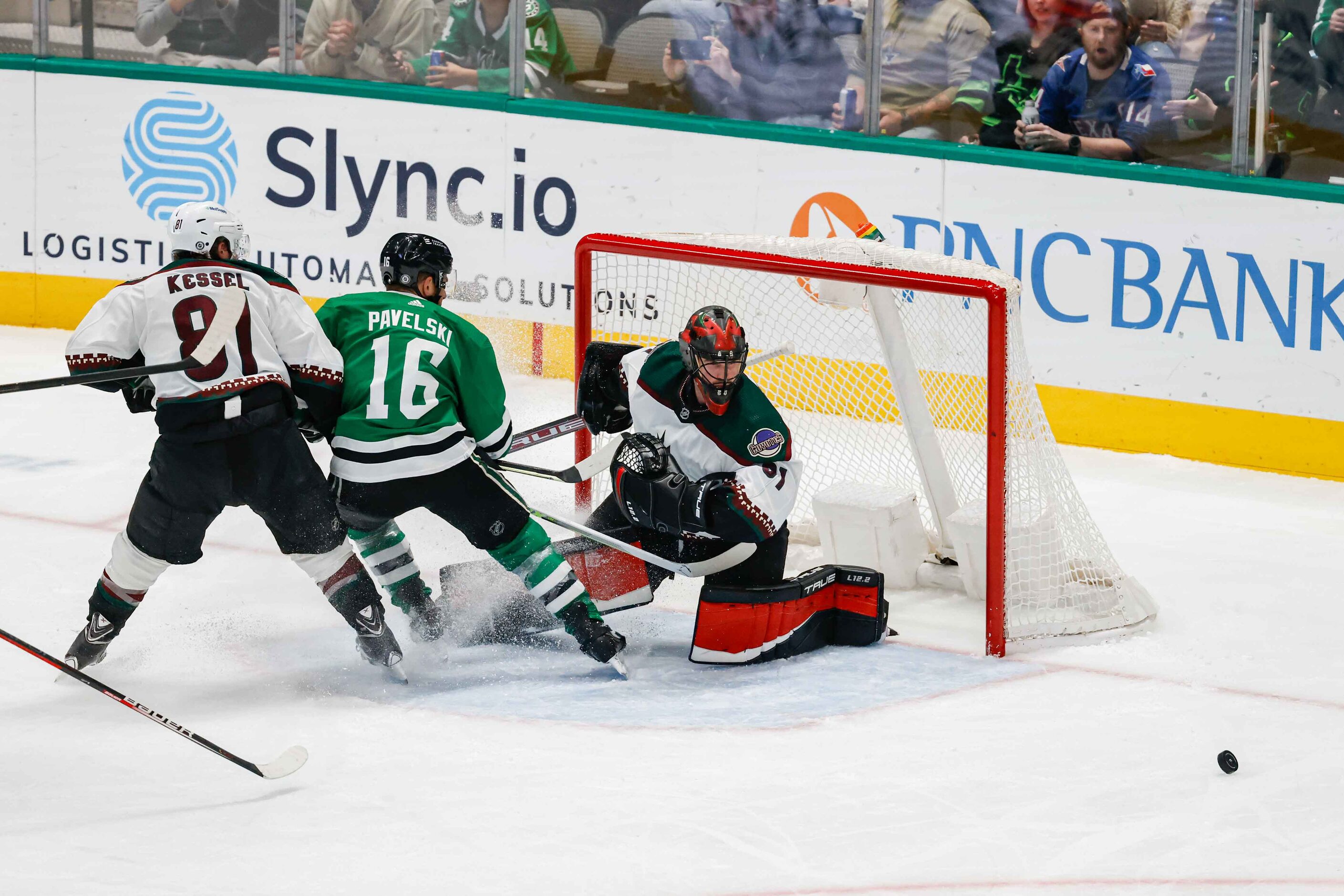 Dallas Stars center Joe Pavelski (16) tries to score a goal as Arizona Coyotes right wing...