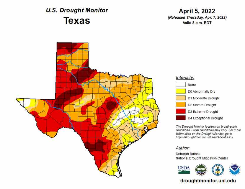 U.S. Drought Monitor Index released April 7, 2022 shows severe drought in Dallas County.