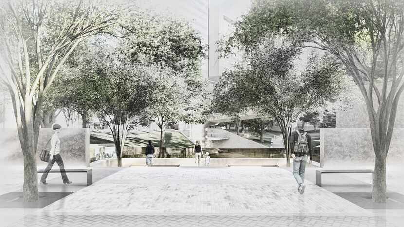 A proposed plaza along Ervay Street, with views opening into Thanks-Giving Square. 