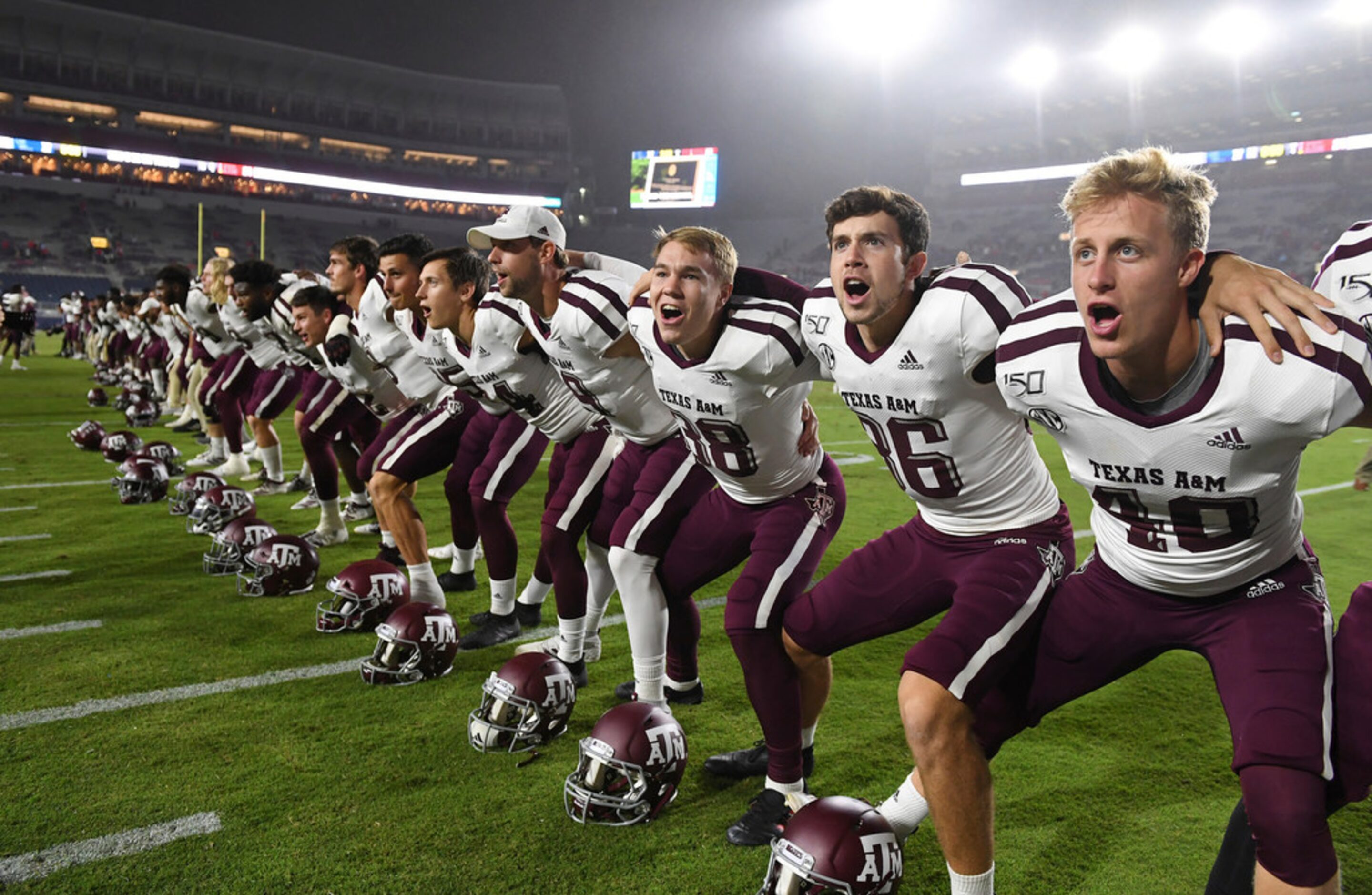 Texas A&M players celebrate after an NCAA college football game against Mississippi in...