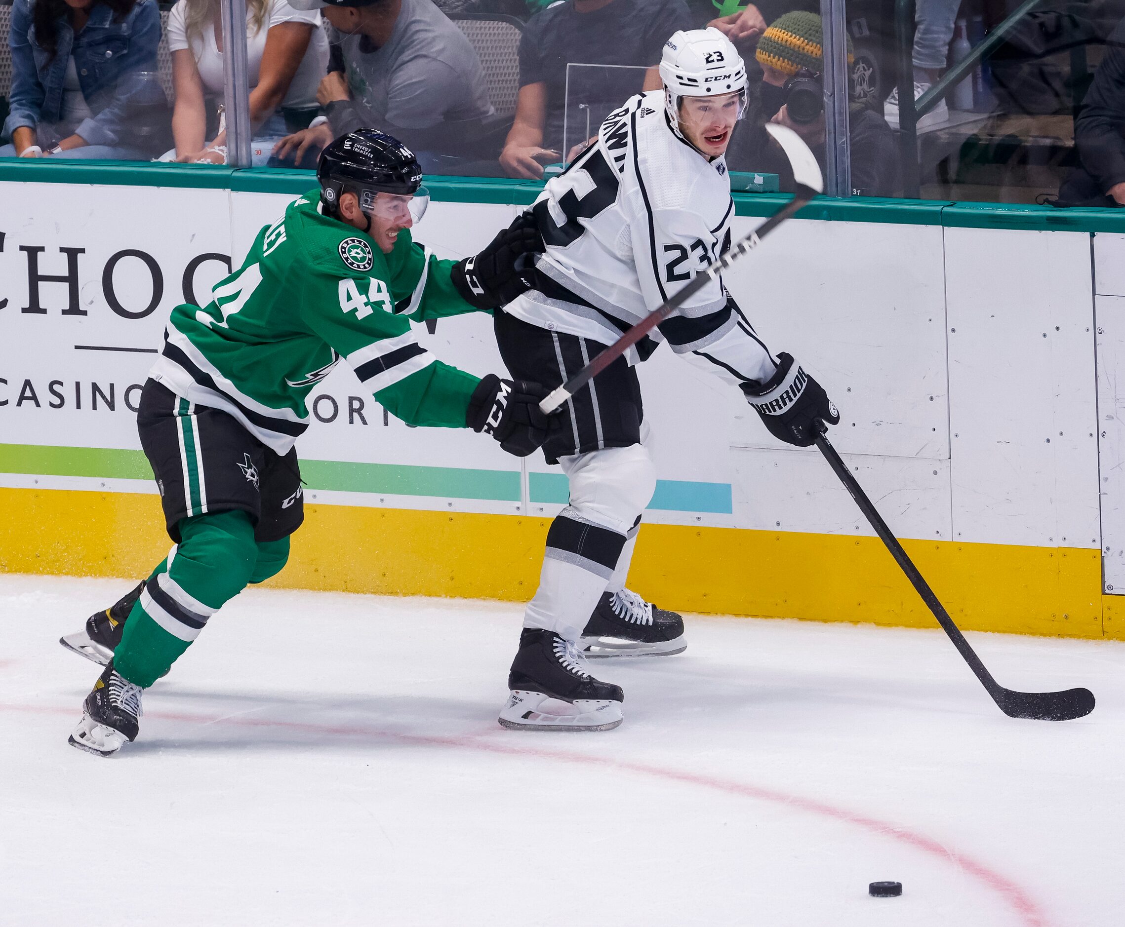 Los Angeles Kings right wing Dustin Brown (23) and Dallas Stars defenseman Joel Hanley (44)...