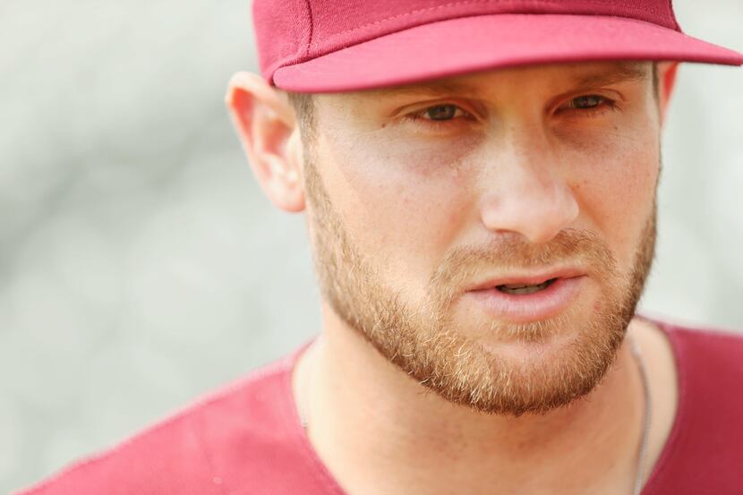 Frisco RoughRiders outfielder Preston Beck talks to the media during Frisco RoughRiders...