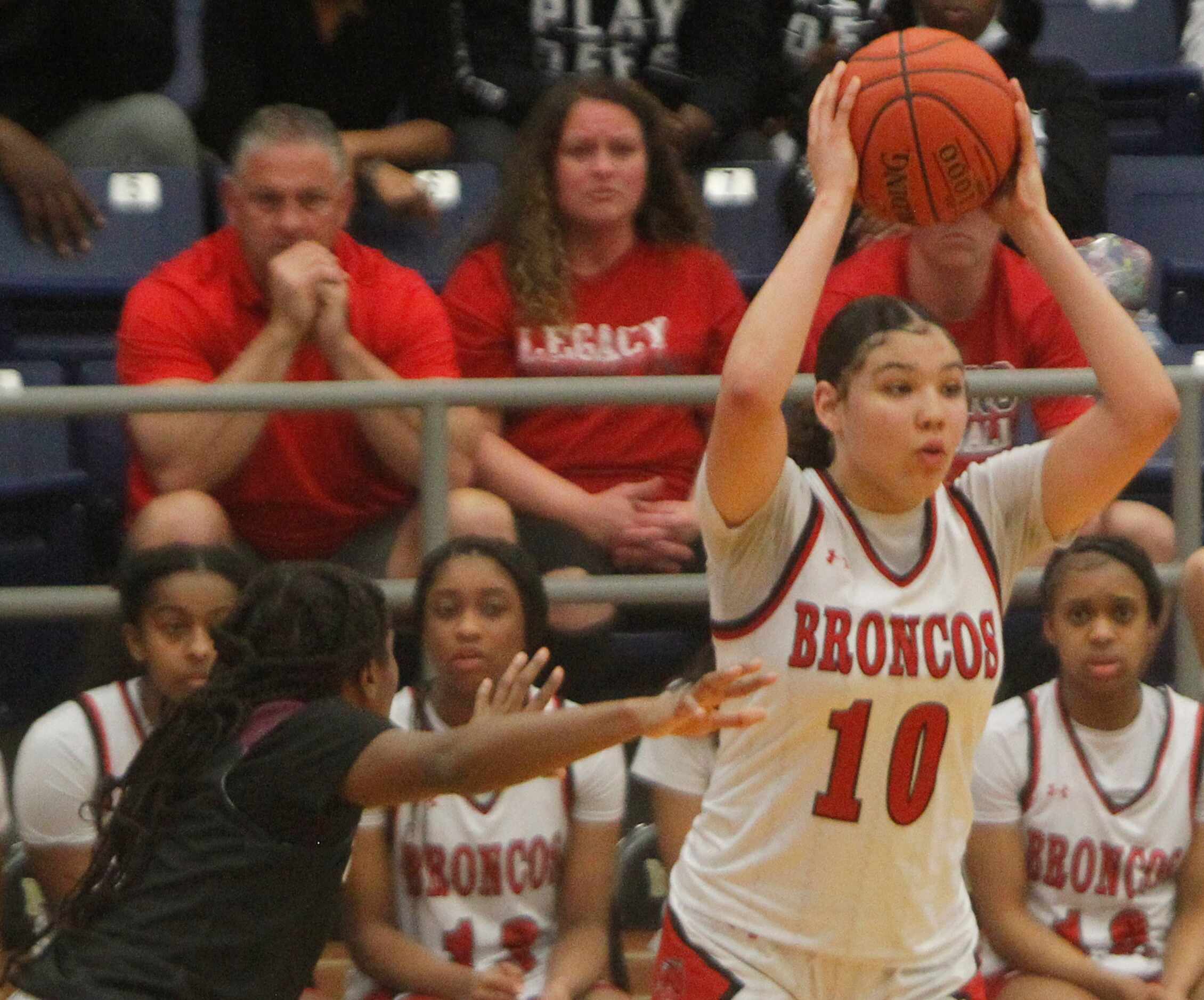 Mansfield Legacy guard Maddie Griggs (10) looks to pass during second half action against...