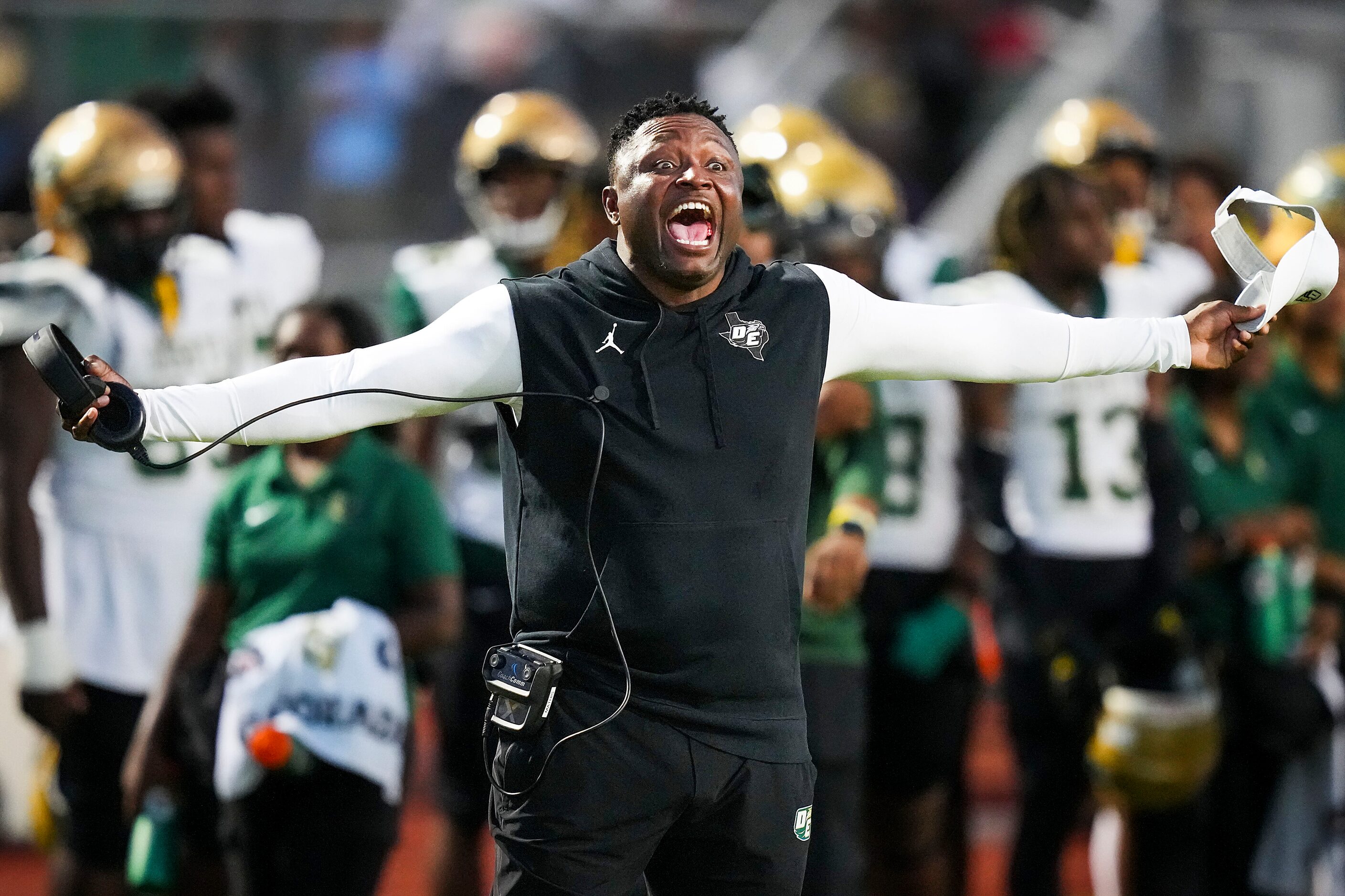 DeSoto  head coach Claude Mathis reacts to a call during the first half of a District 11-6A...