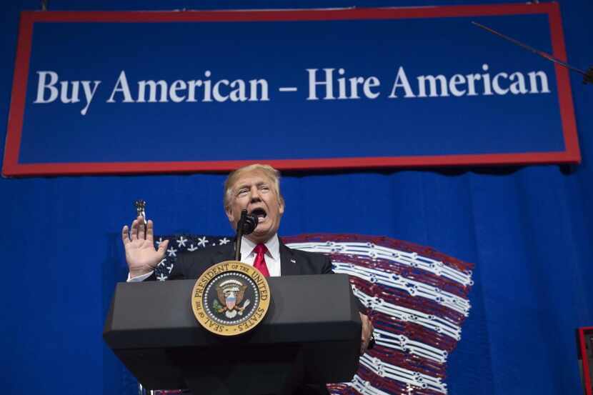 President Donald Trump speaks after touring Snap-On Tools in Kenosha, Wis., April 18, 2017,...