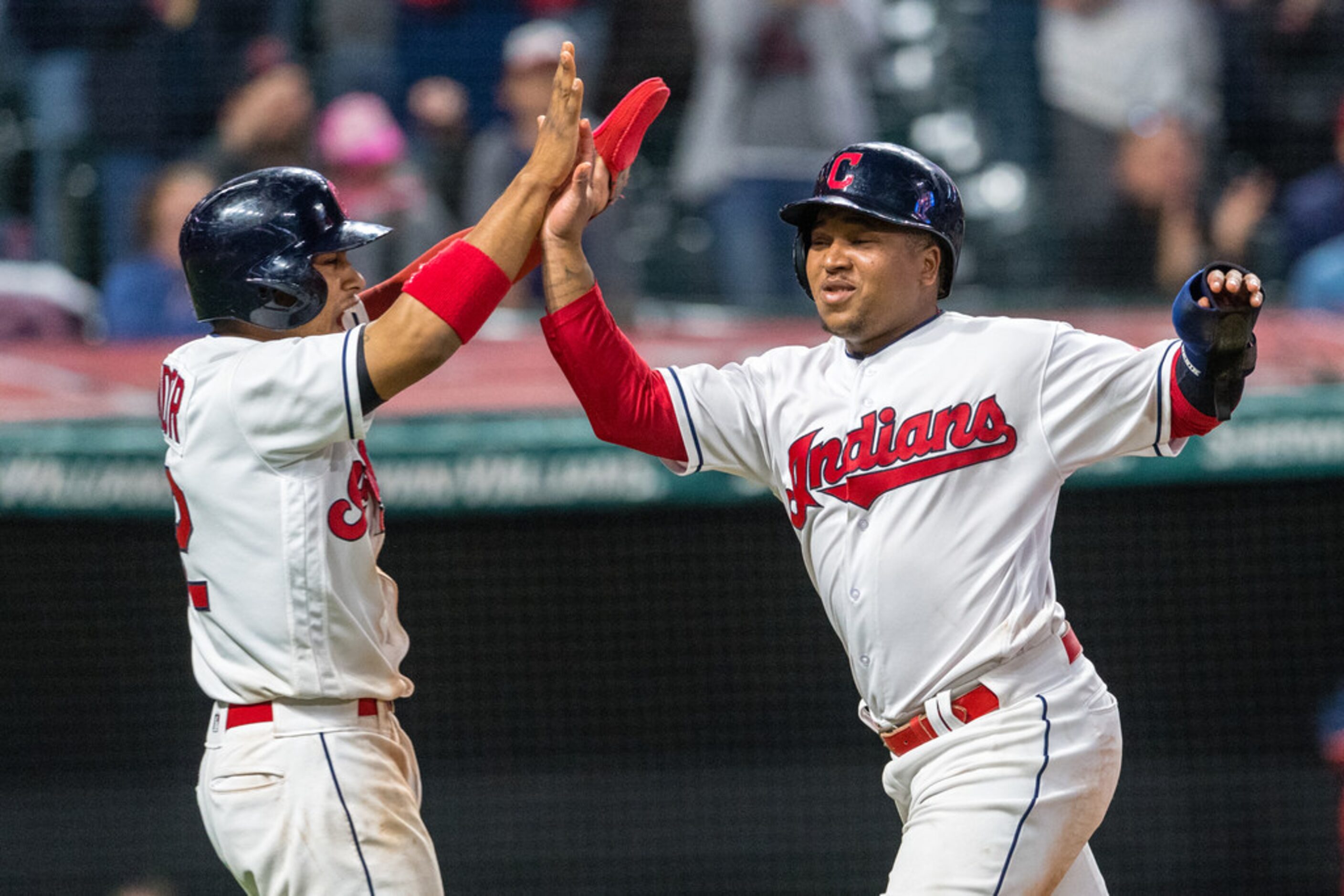 CLEVELAND, OH - APRIL 30: Francisco Lindor #12 and Jose Ramirez #11 of the Cleveland Indians...