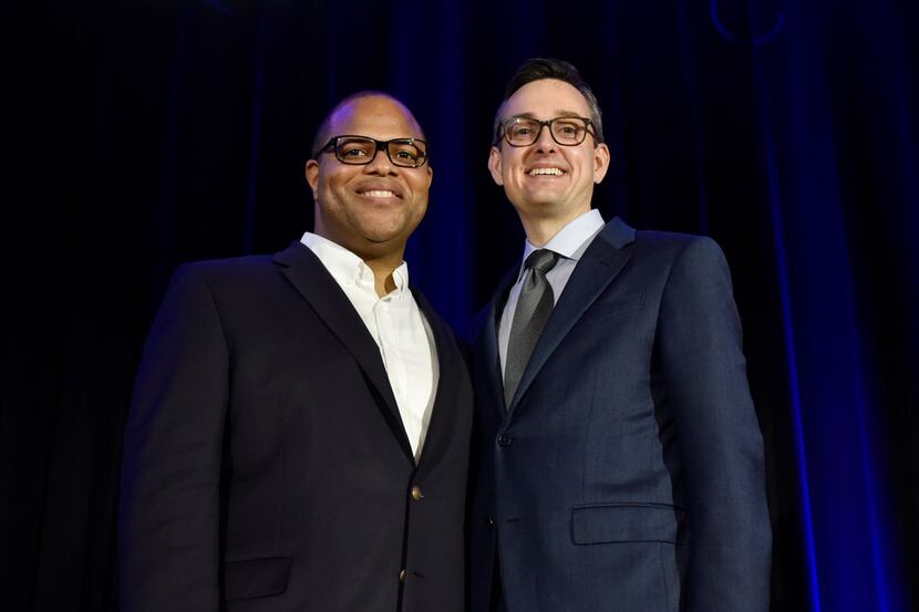 Dallas Mayoral candidates Eric Johnson, left, and Scott Griggs, pose for a photo after...