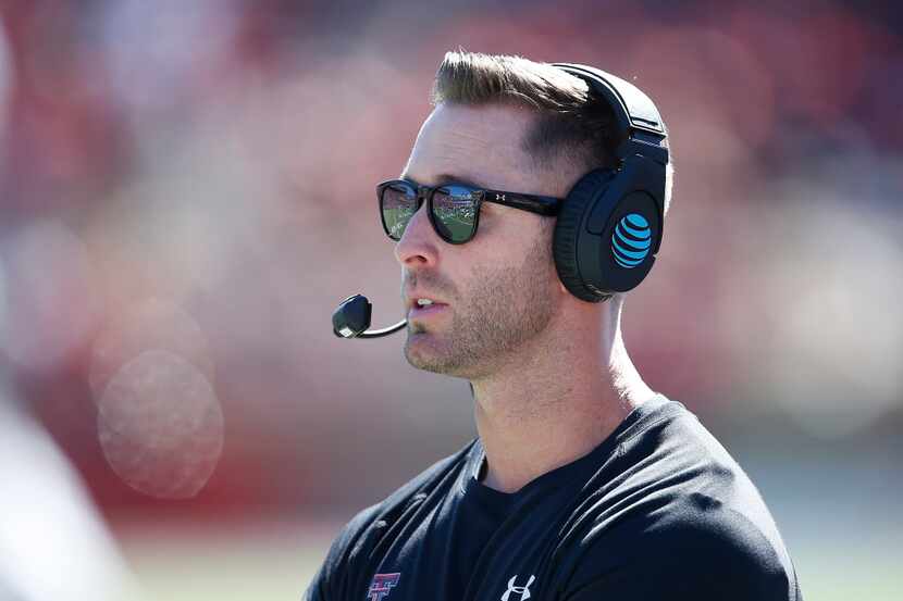 Texas Tech coach Kliff Kingsbury watches the game from the sidelines during an NCAA college...