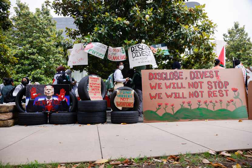 Pro-Palestinian students at the University of Texas at Dallas set up an encampment on the...