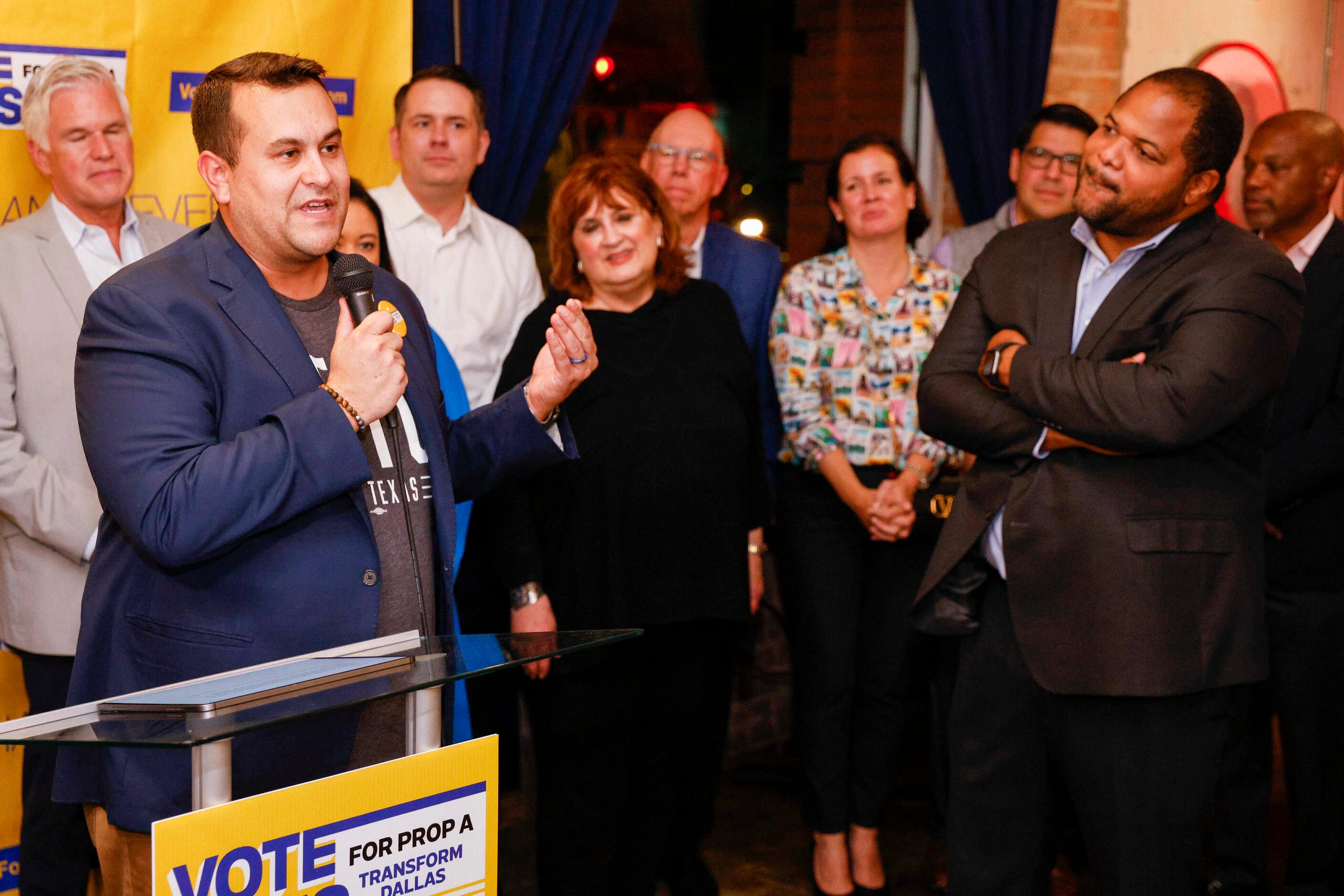 Dallas City Council member Adam Bazaldua address supporters and community leaders after the...