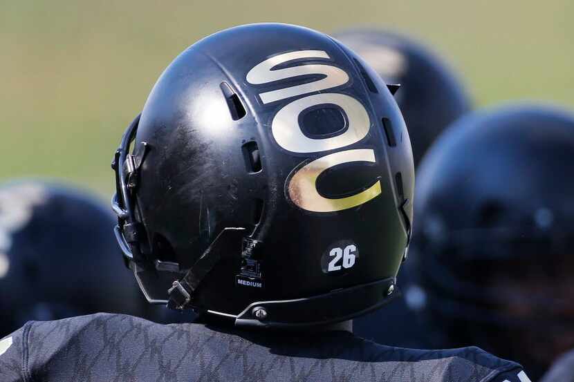 A look at the South Oak Cliff helmet decal during the Carter High School Cowboys vs. the...