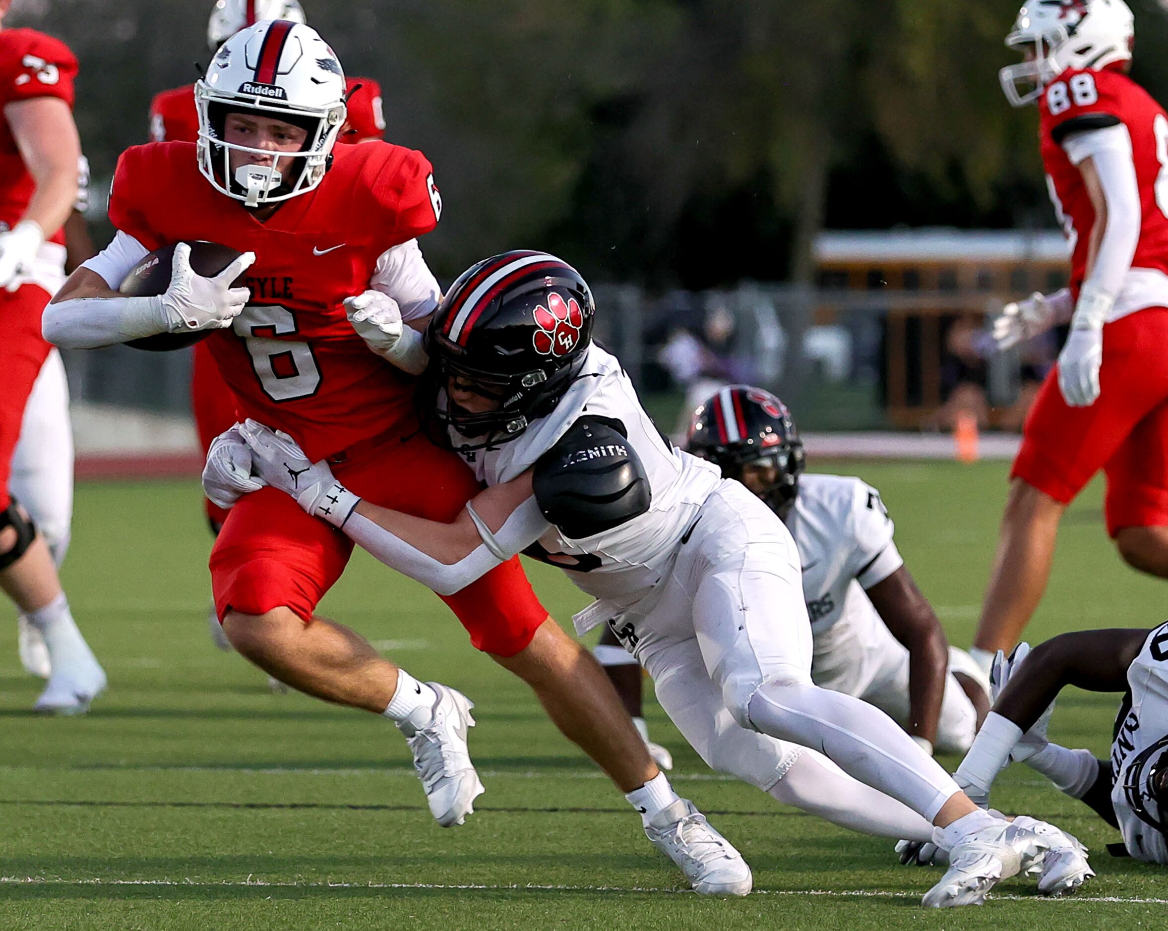 Argyle running back Watson Bell (6) is stopped short of the goal line by Colleyville...