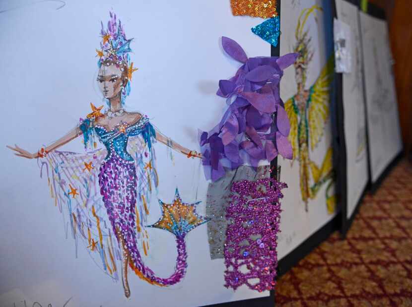 
A watercolor of a mermaid costumed designed by Winn Morton for the Texas Rose Festival is...