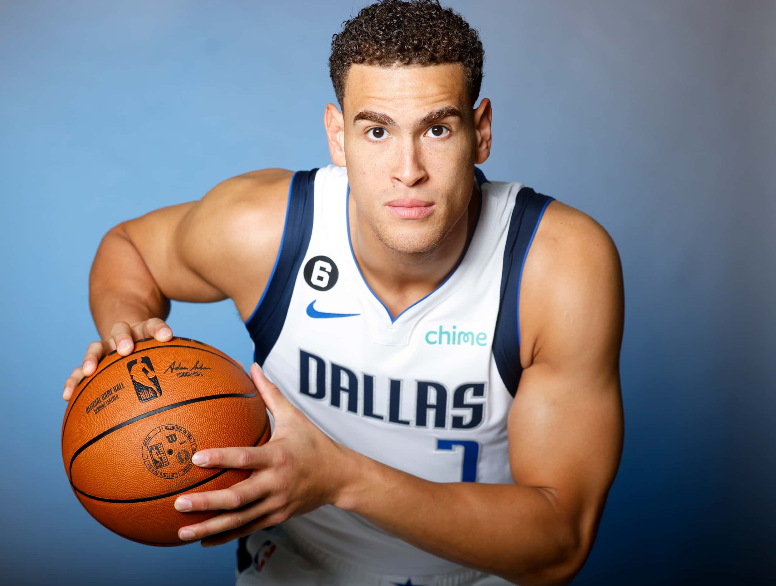 Dallas Mavericks’ Dwight Powell is photographed during the media day at American Airlines...