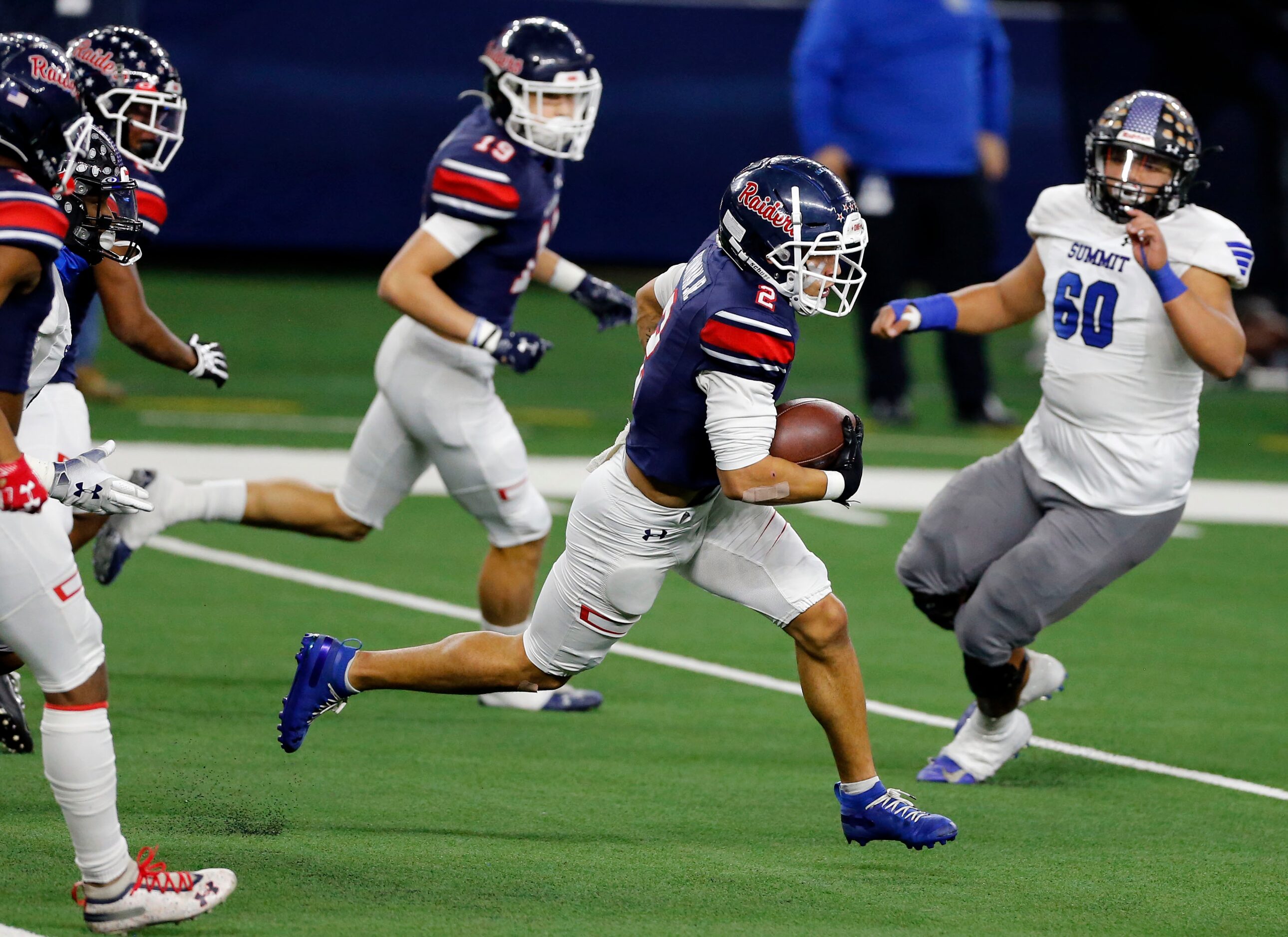 Denton Ryan’s Billy Bowman Jr. (2) tries to return an interception during the first half of...