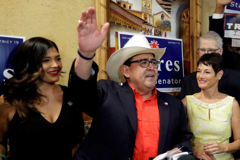  Republican Pete Flores exulted with his daughter Vicky (left) and state Sen. Donna Campbell...
